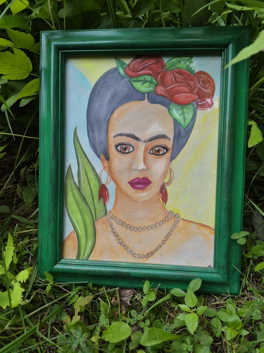 Hand-Painted Floral Portrait Wall Art in Green Frame